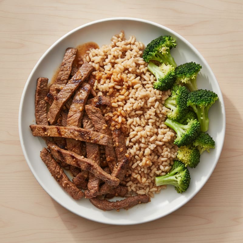 Grilled Beef Strips with Brown Rice and Steamed Broccoli