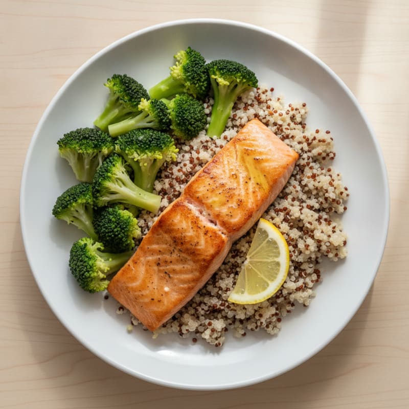 Seared Salmon Filet with Steamed Broccoli and Quinoa