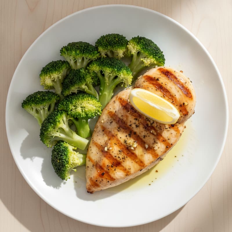Grilled Chicken Breast with Steamed Broccoli and Lemon