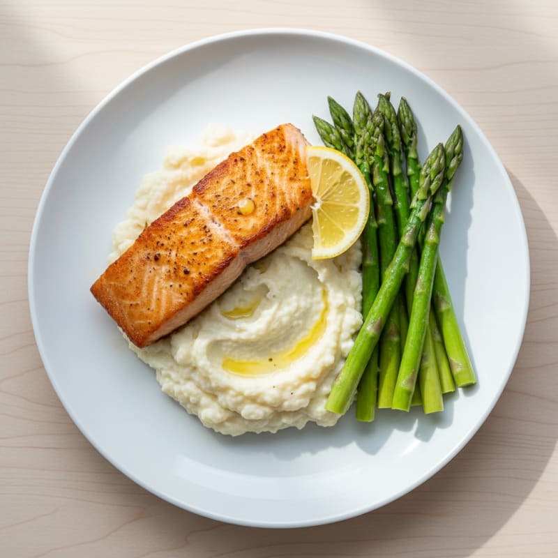 Seared Salmon with Steamed Asparagus and Cauliflower Mash