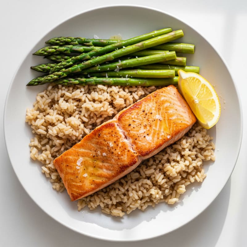 Seared Salmon with Steamed Asparagus and Brown Rice