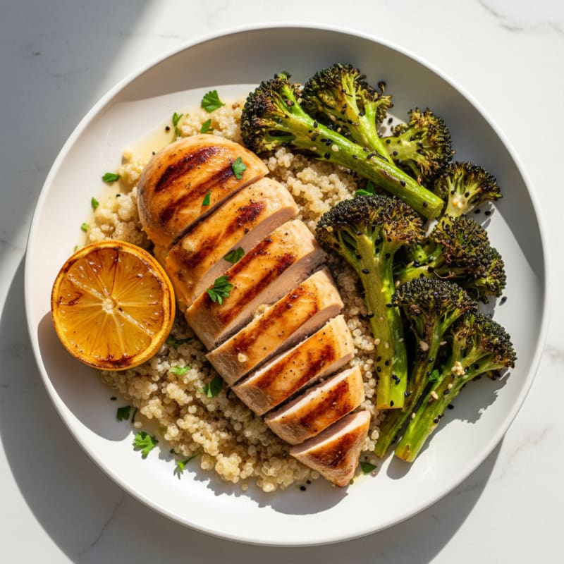 Grilled Chicken Breast with Quinoa and Roasted Broccoli
