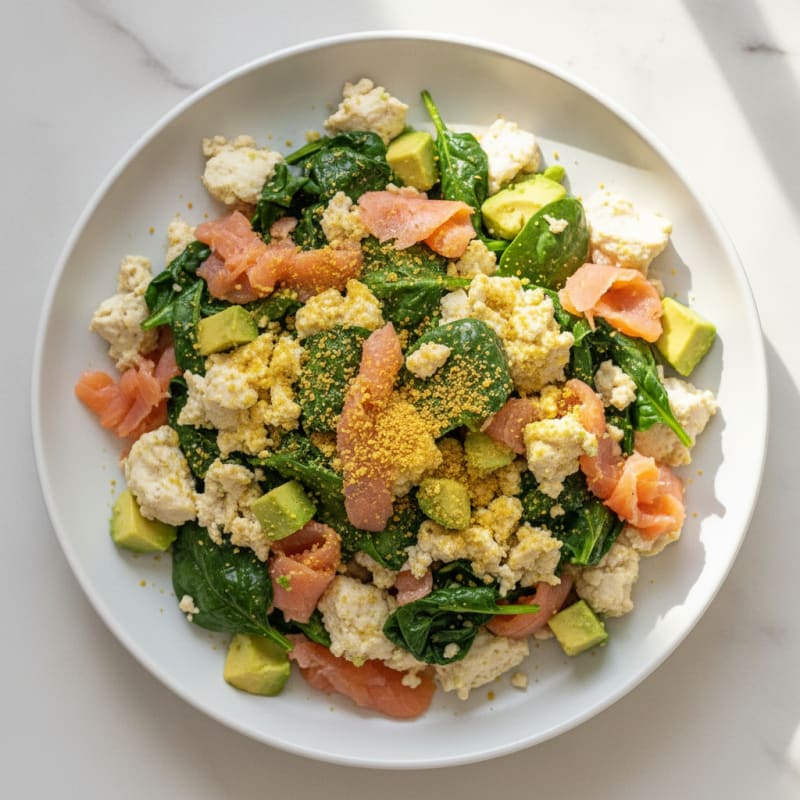 Silky Tofu Scramble with Spinach and Smoked Salmon
