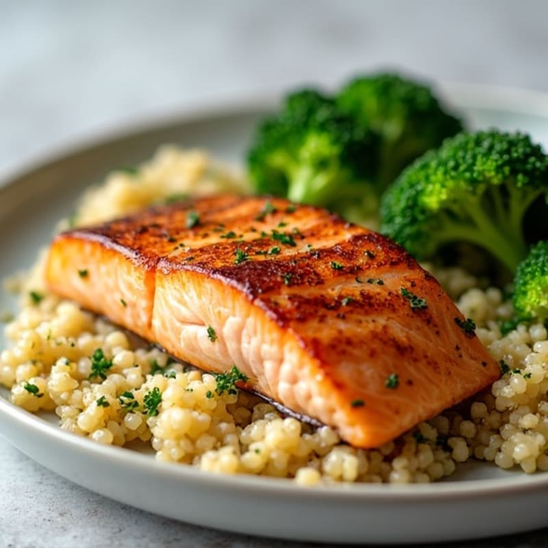 Seared Salmon Fillet with Steamed Broccoli and Quinoa