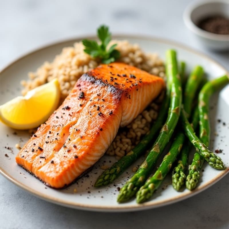 Seared Salmon with Steamed Asparagus and Brown Rice