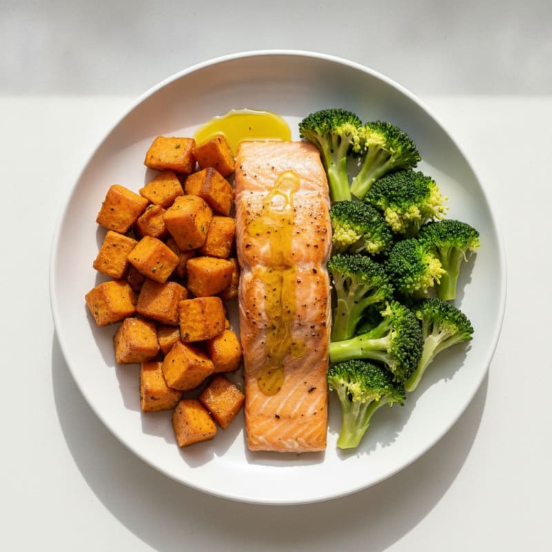 Baked Salmon with Roasted Sweet Potatoes and Steamed Broccoli