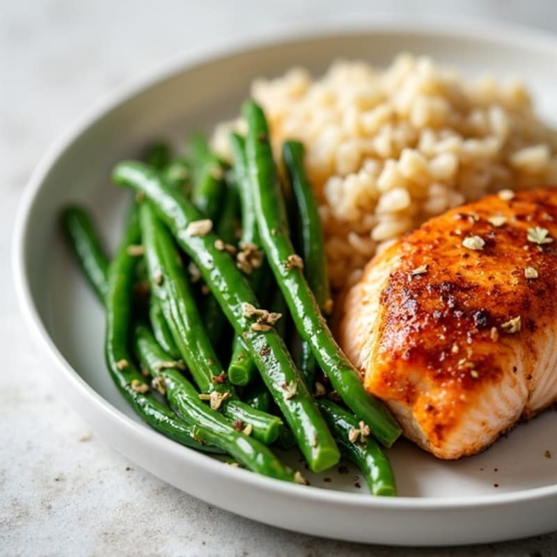 Seared Salmon with Garlic Green Beans and Brown Rice