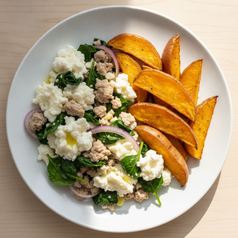 Egg White and Turkey Spinach Scramble with Roasted Sweet Potatoes