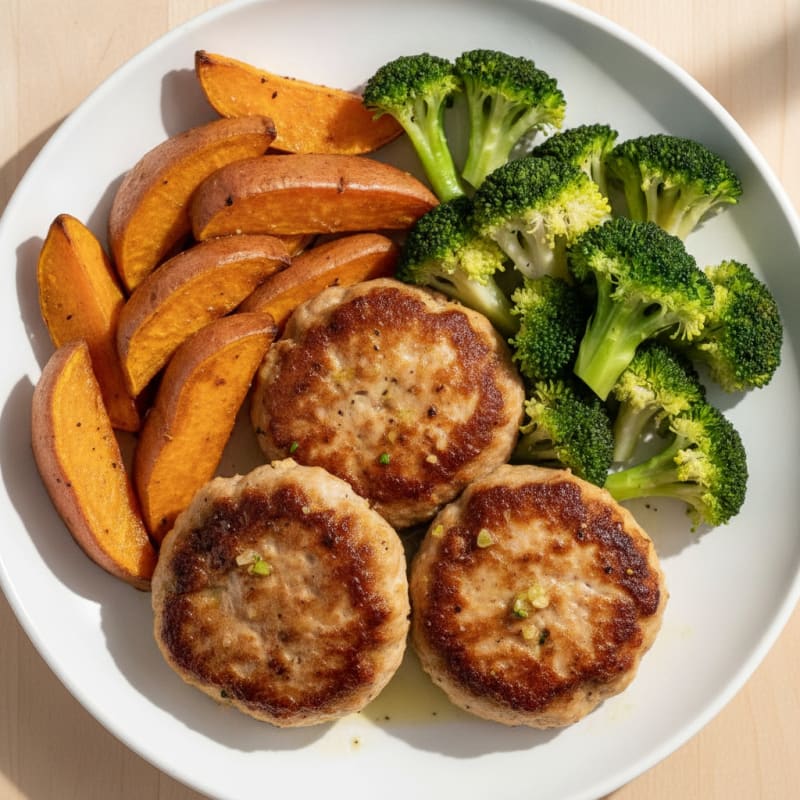 Seared Turkey Patties with Roasted Sweet Potato and Steamed Broccoli