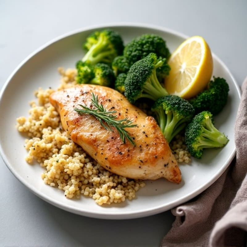 Lemon Herb Roasted Chicken with Crispy Roasted Broccoli and Quinoa