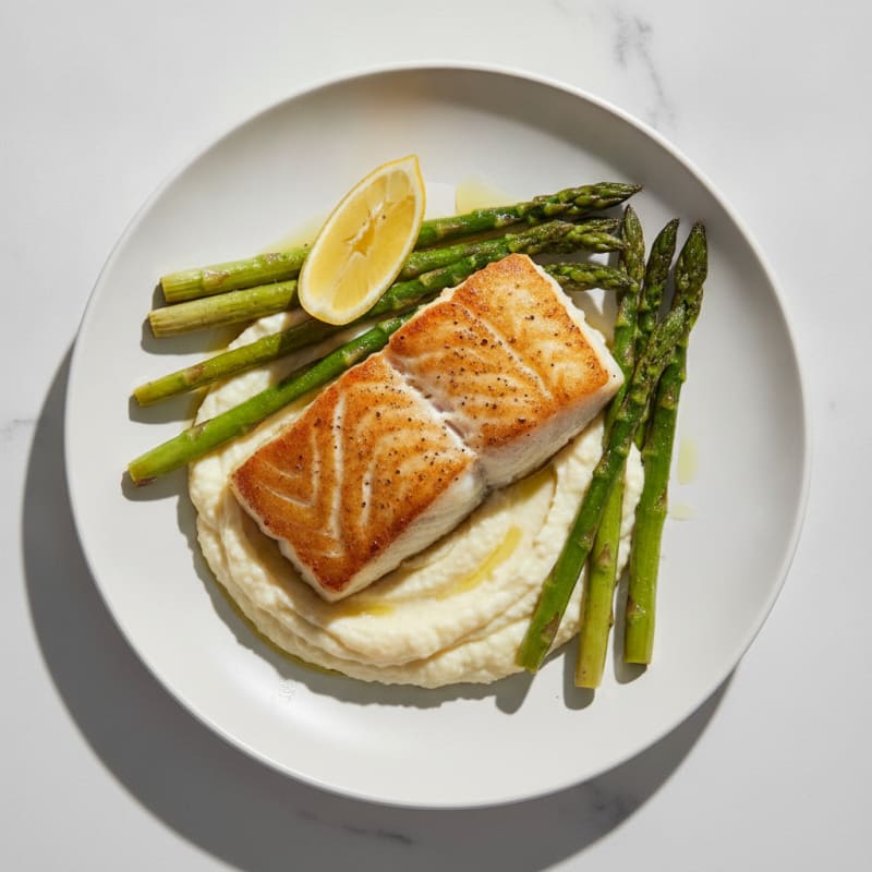 Seared Cod with Roasted Asparagus and Cauliflower Mash