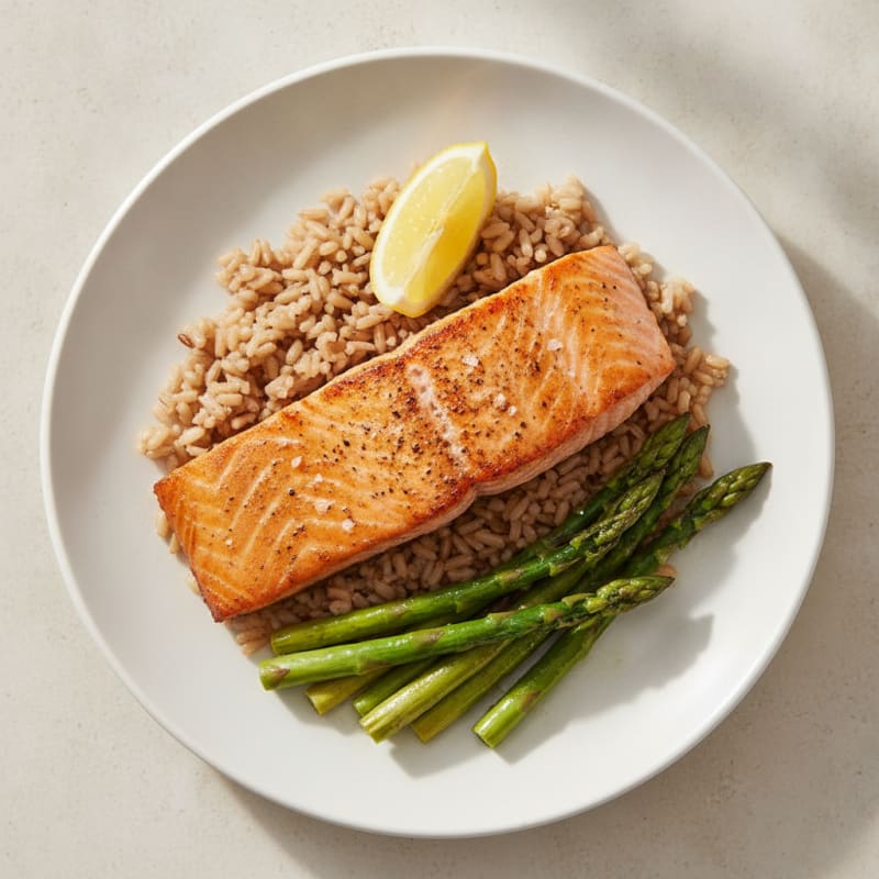 Seared Salmon Fillet with Steamed Asparagus and Brown Rice