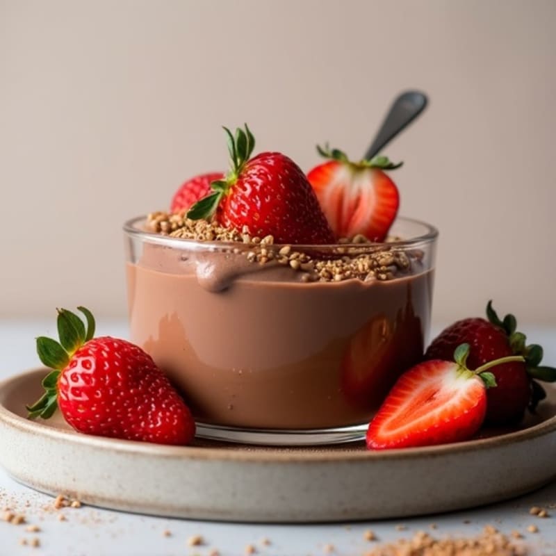 Silky Protein Chocolate Pudding with Hemp Seeds and Sliced Strawberries