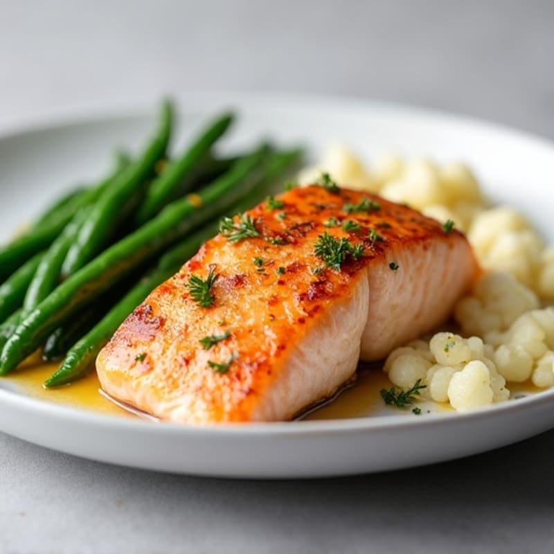 Seared Salmon with Garlic Green Beans and Mashed Cauliflower