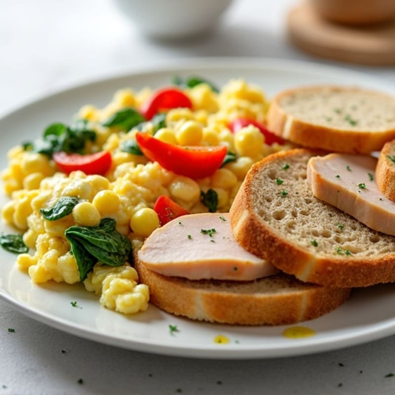 Egg White Veggie Scramble with Cottage Cheese and Sliced Turkey