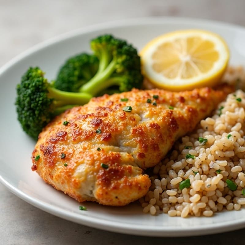 Crispy Lemon-Garlic Chicken with Roasted Broccoli and Brown Rice