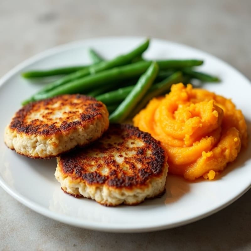 Seared Turkey Patties with Steamed Green Beans and Mashed Sweet Potato