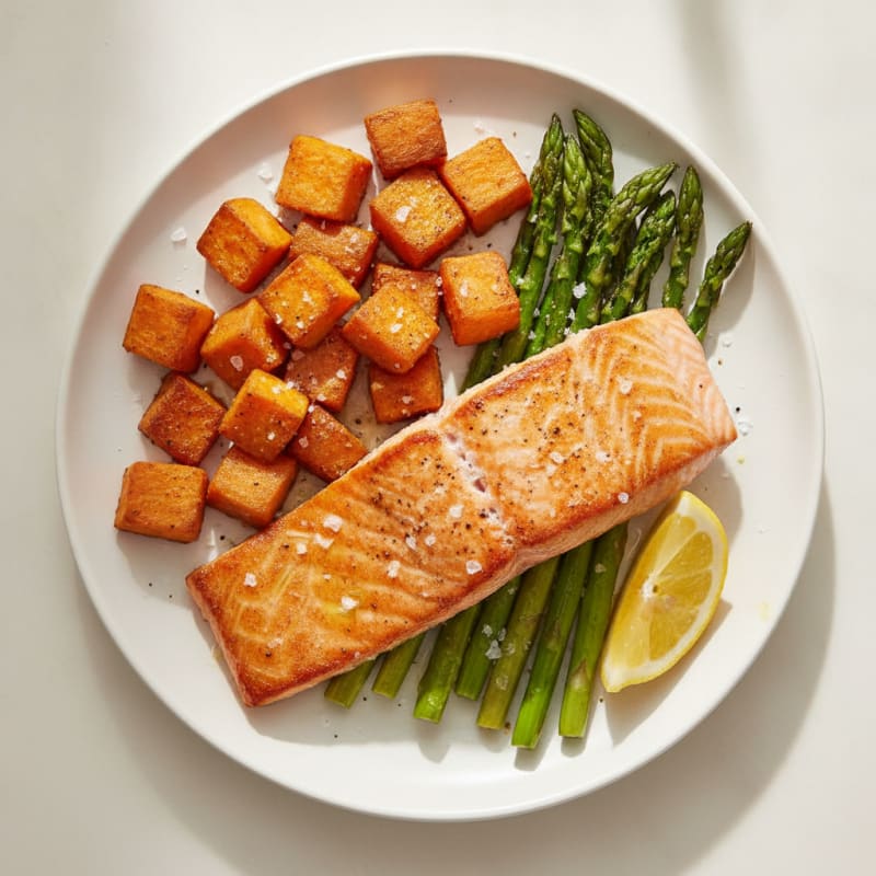 Seared Salmon with Roasted Sweet Potato and Asparagus