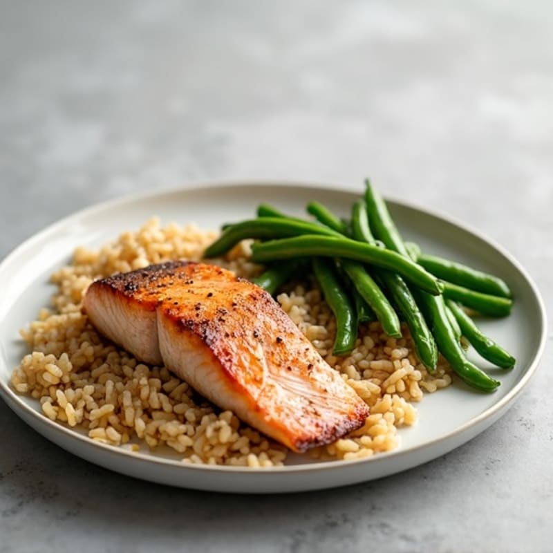Seared Salmon with Garlic Green Beans and Brown Rice