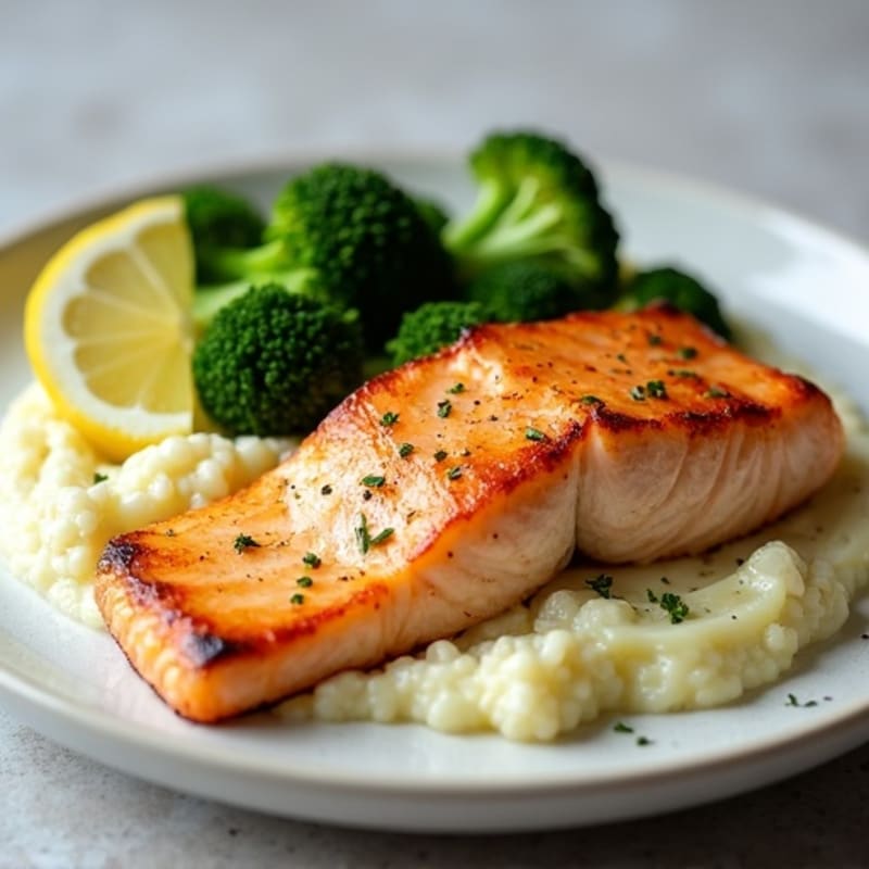 Seared Salmon with Steamed Broccoli and Lemon-Garlic Cauliflower Mash