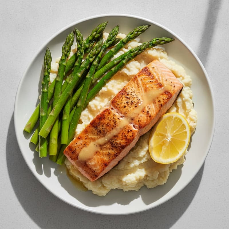 Seared Salmon with Steamed Asparagus and Garlic Mashed Cauliflower