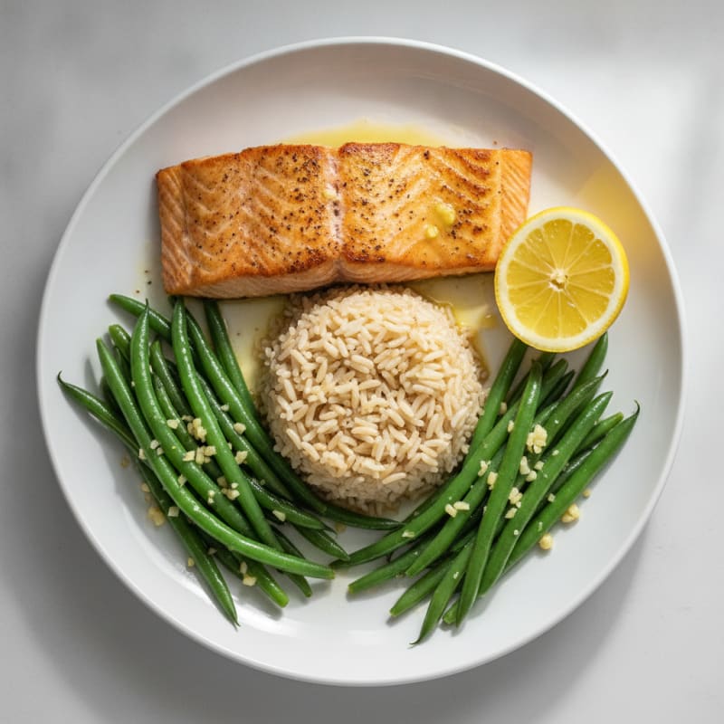Seared Salmon with Garlic Green Beans and Brown Rice