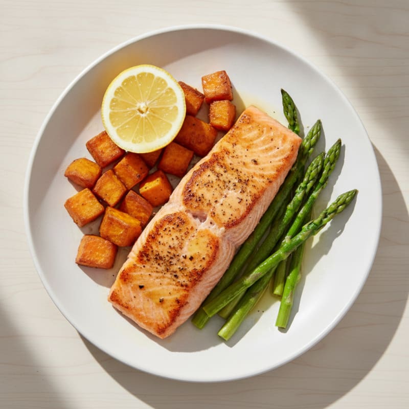 Seared Salmon with Roasted Sweet Potato and Asparagus