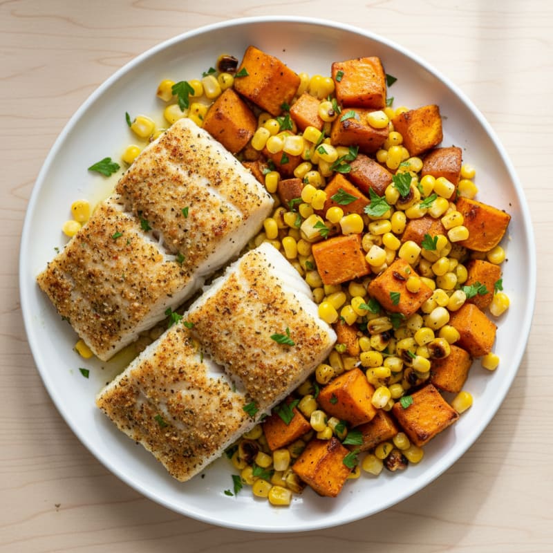 Baked Cod with Roasted Corn and Sweet Potatoes