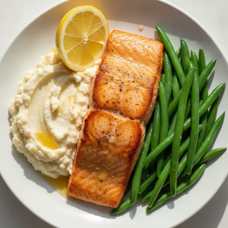 Seared Salmon with Steamed Green Beans and Garlic Mashed Cauliflower