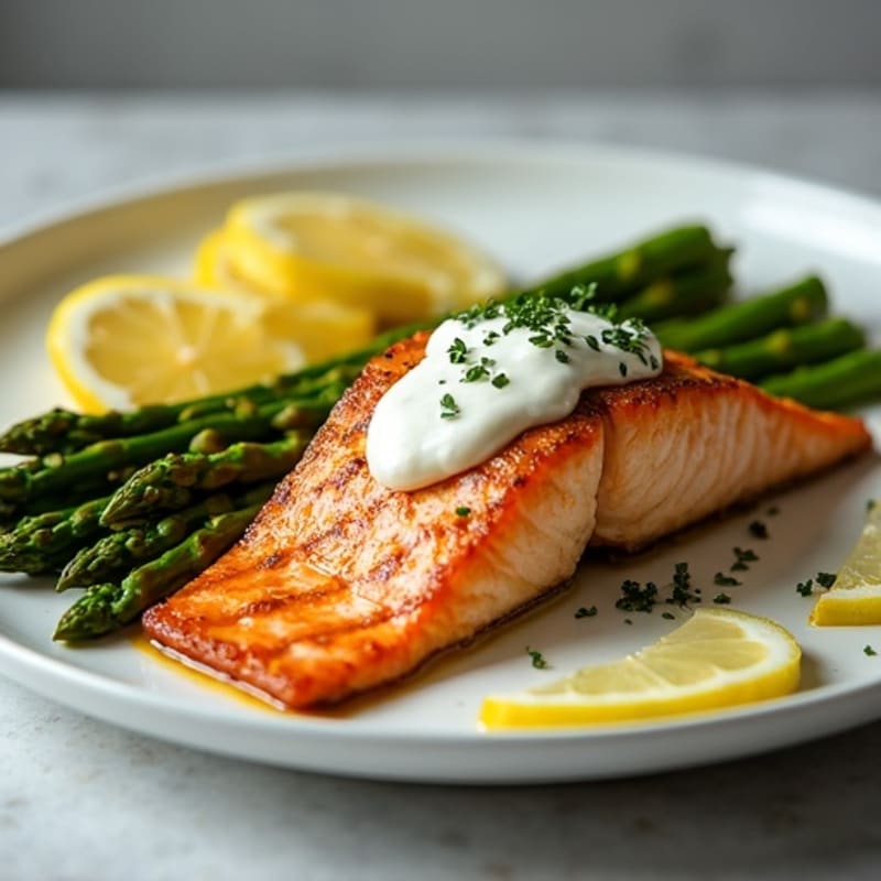 Crispy Pan-Seared Salmon with Roasted Asparagus and Lemon Dill Sauce