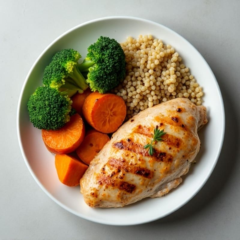 Grilled Chicken Breast with Roasted Sweet Potato, Broccoli, and Quinoa