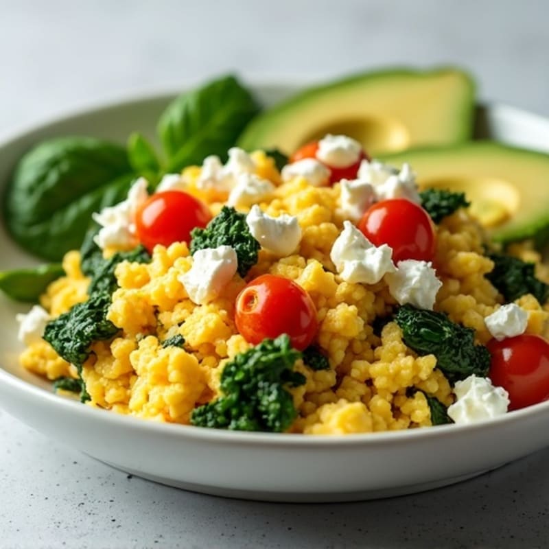 Egg White Spinach Scramble with Cottage Cheese and Tomatoes