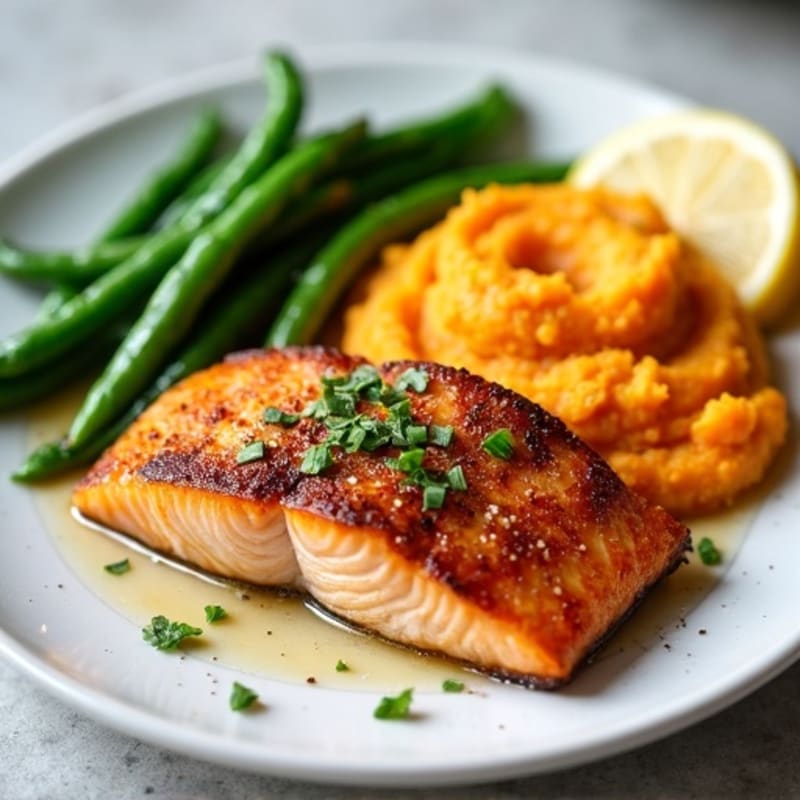 Seared Salmon with Steamed Green Beans and Mashed Sweet Potato