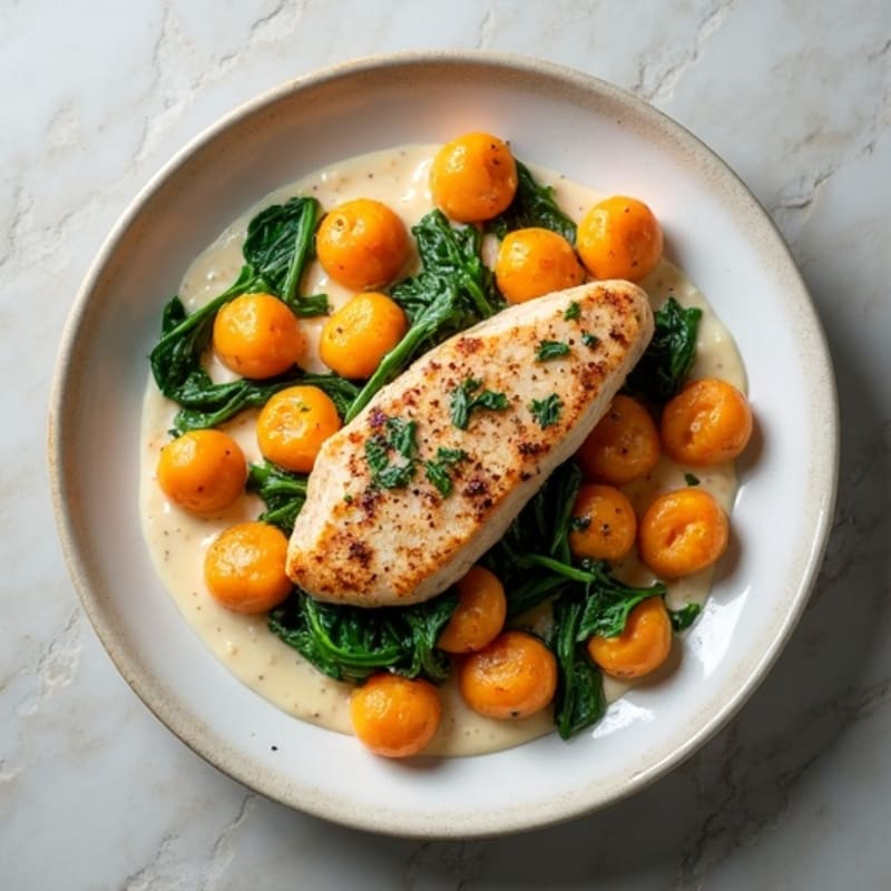 Creamy Sweet Potato Gnocchi with Pan-Seared Chicken and Wilted Spinach