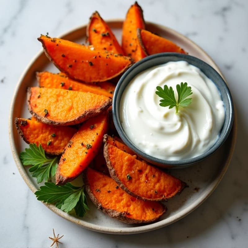 Crispy Baked Sweet Potato Wedges with Garlic-Herb Seasoning and Greek Yogurt Dip with Chickpeas