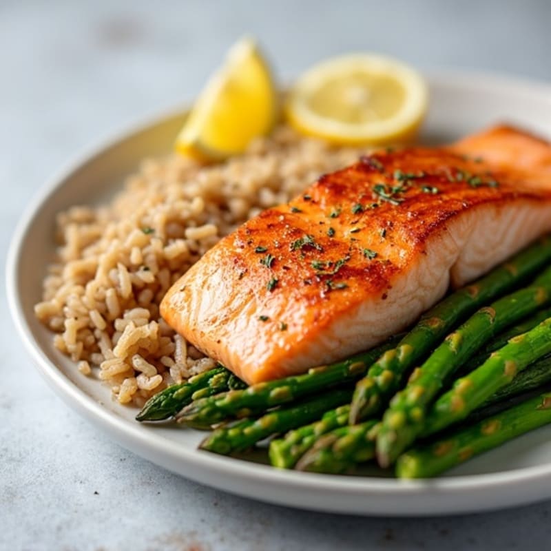 Seared Salmon with Steamed Asparagus and Brown Rice