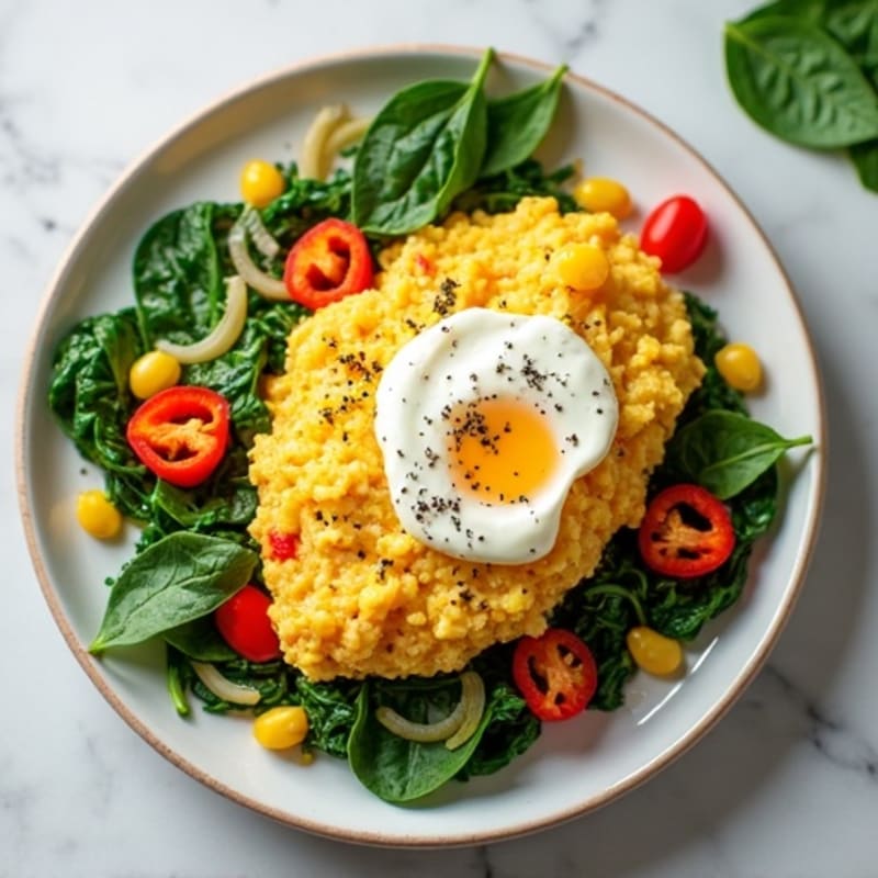 Egg White Veggie Scramble with Cottage Cheese and Sautéed Spinach