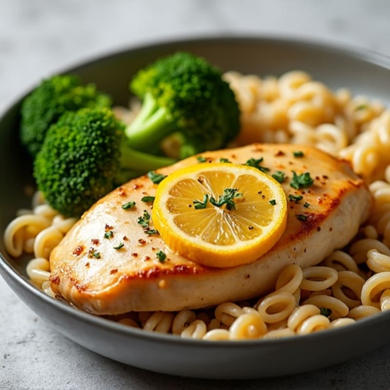Lemon Garlic Pan-Seared Chicken with Whole Wheat Pasta and Roasted Broccoli