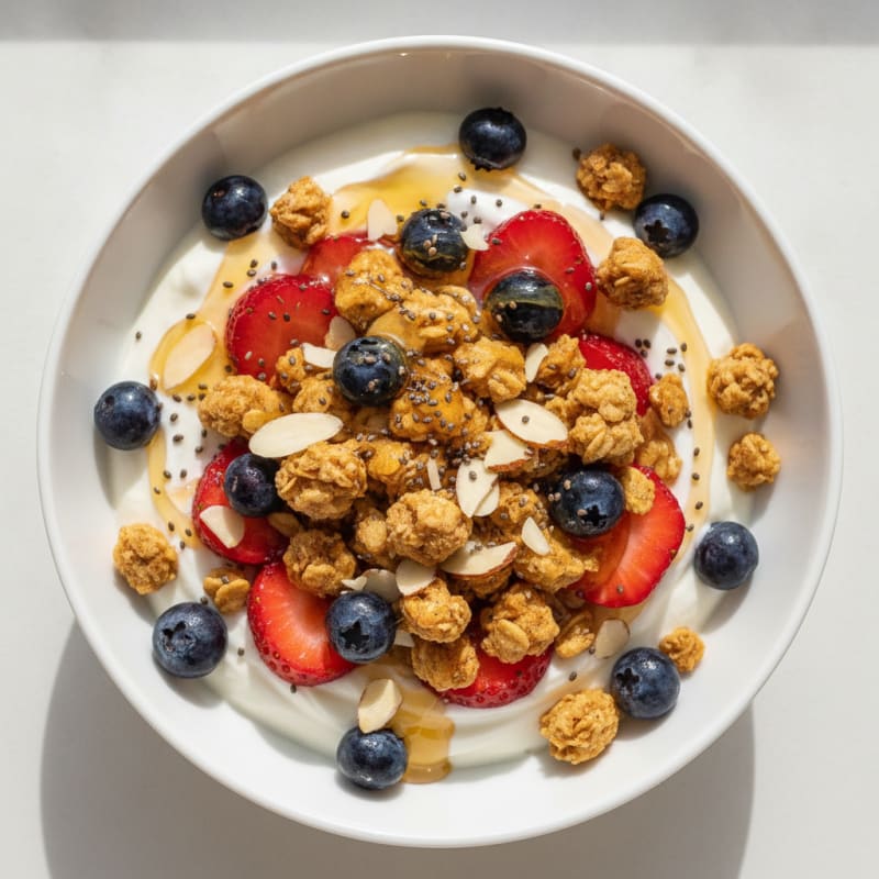 Greek Yogurt Parfait with Crunchy Almond Granola and Fresh Berries