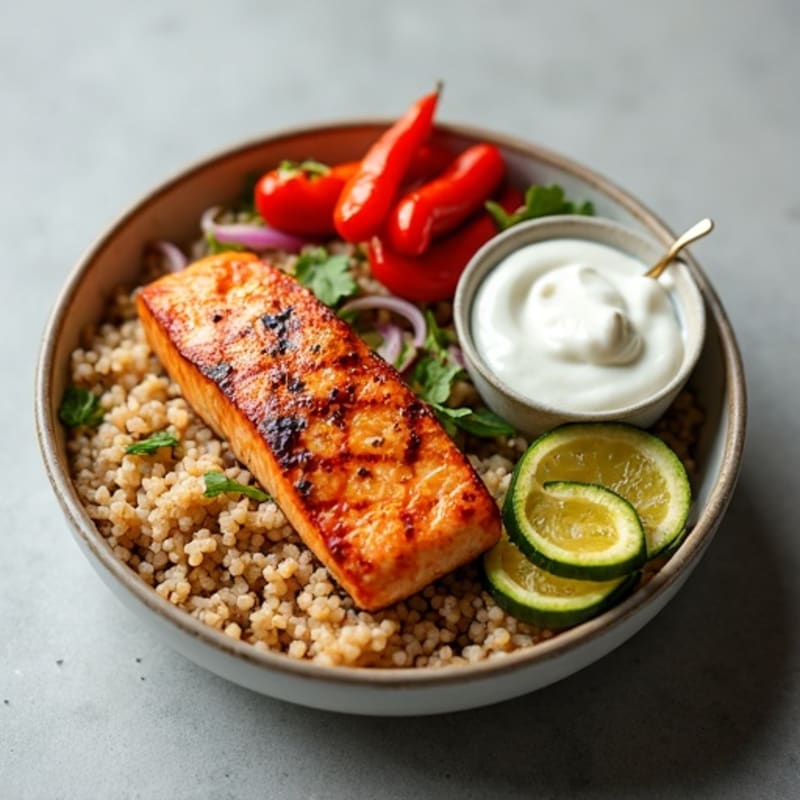 Grilled Salmon Rice Bowl with Roasted Vegetables