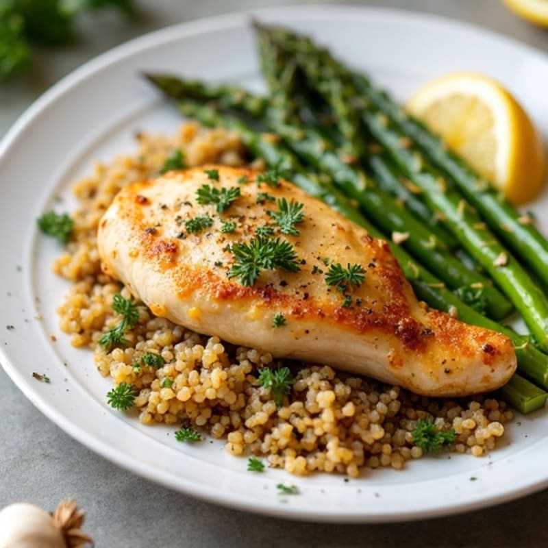 Crispy Lemon-Herb Roasted Chicken with Roasted Asparagus and Quinoa