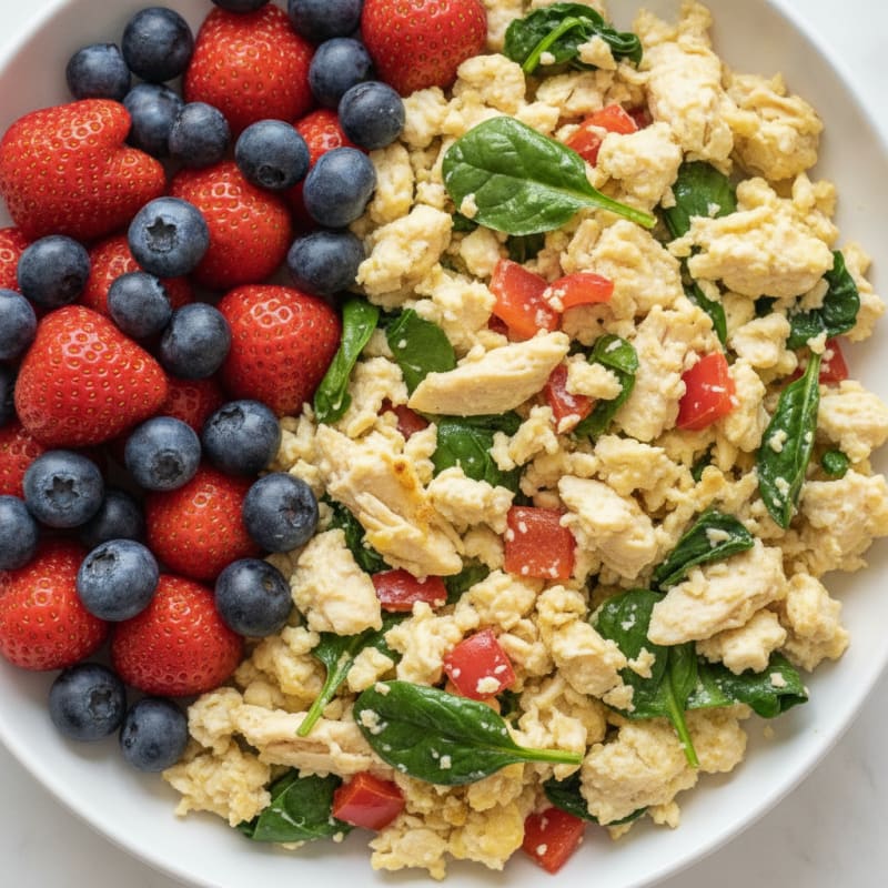 Egg White and Chicken Veggie Scramble with Fresh Berries