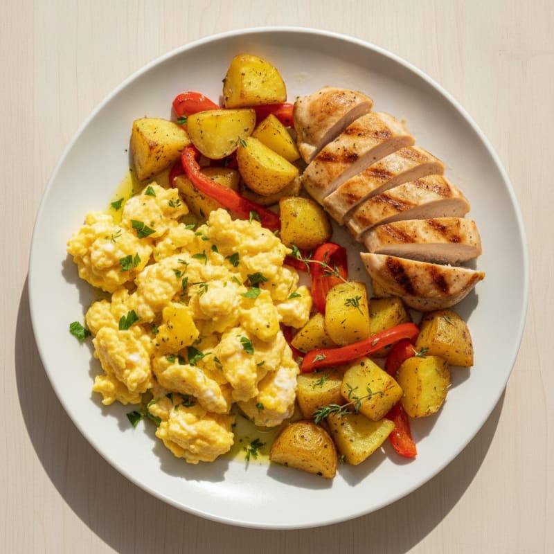 Scrambled Eggs with Chicken Breast and Roasted Potatoes