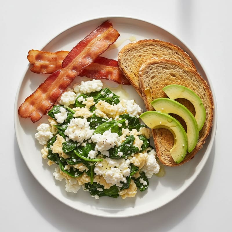 Crispy Turkey Bacon and Spinach Egg White Scramble with Cottage Cheese