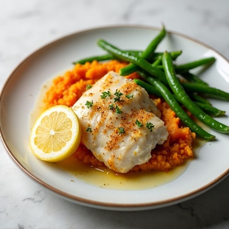 Baked Cod with Garlic Green Beans and Sweet Potato Mash