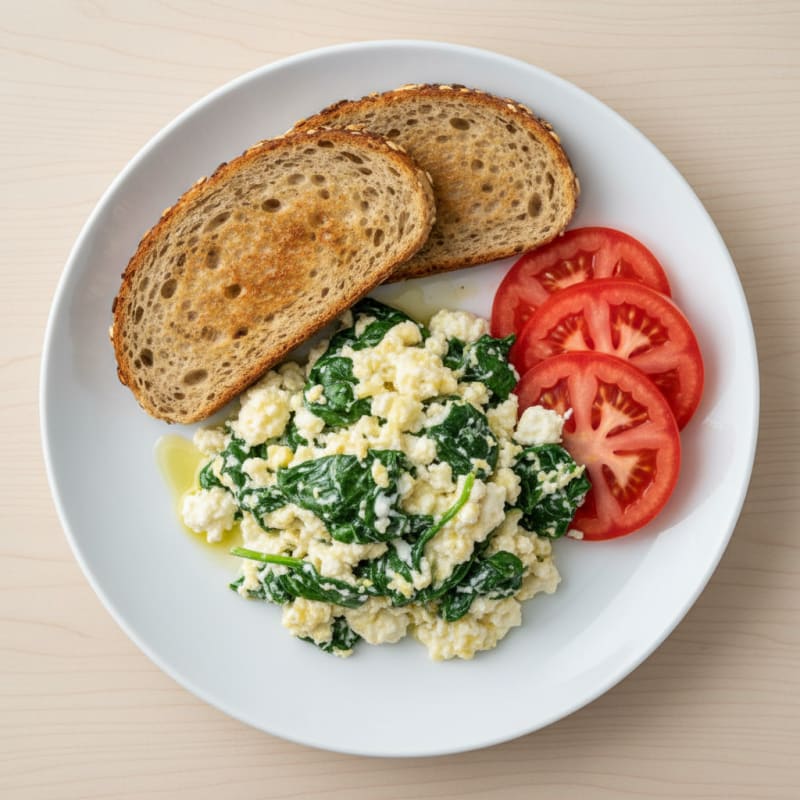 Egg White Spinach Scramble with Cottage Cheese and Fresh Tomato