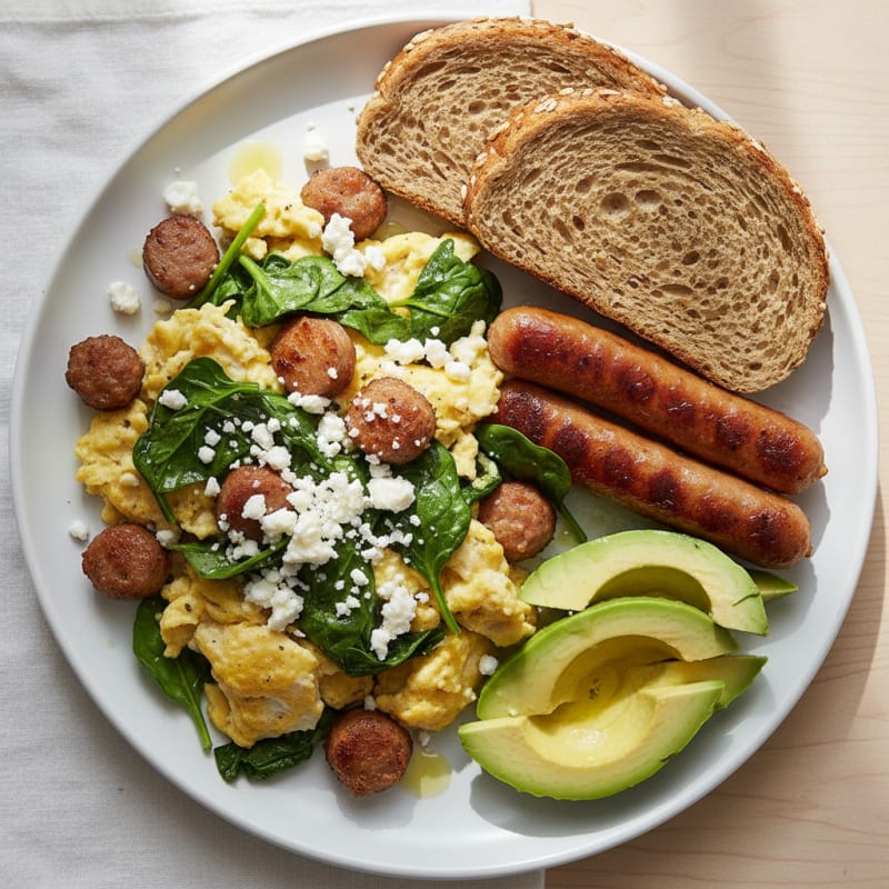 Egg White and Turkey Sausage Scramble with Spinach and Feta