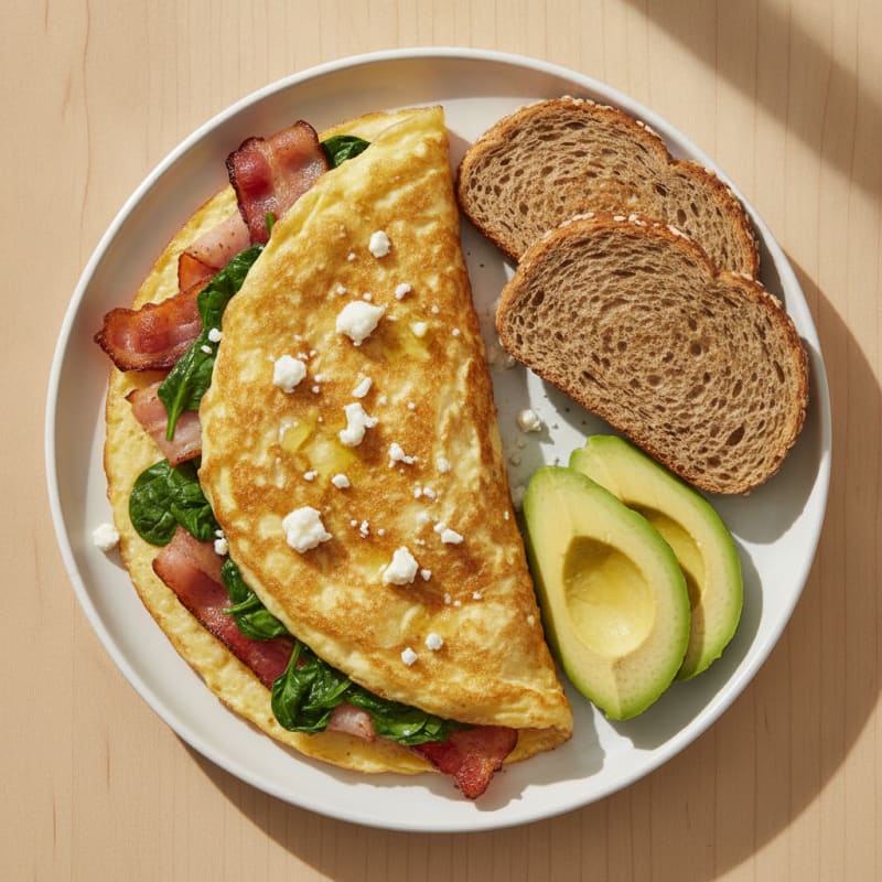 Crispy Egg White Omelet with Turkey Bacon and Spinach
