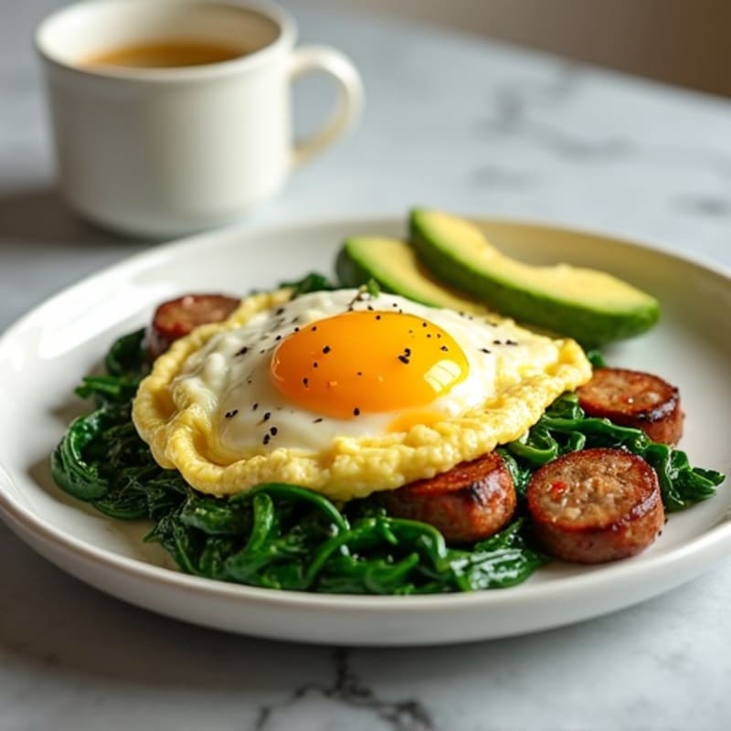 Egg White Scramble with Turkey Sausage and Sautéed Spinach