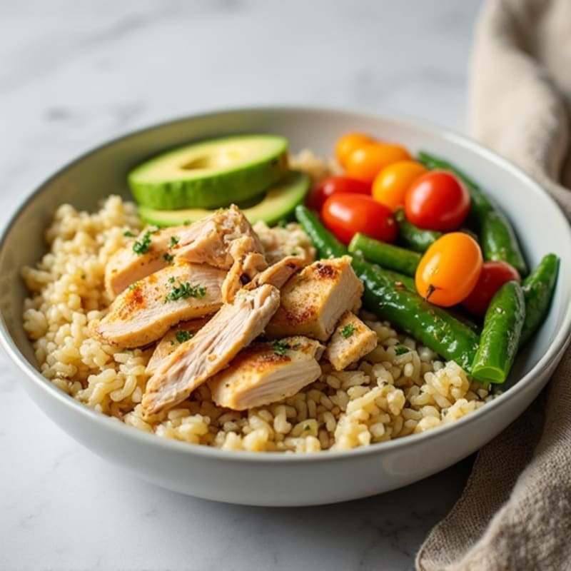 Shredded Chicken with Creamy Avocado Rice and Steamed Vegetables